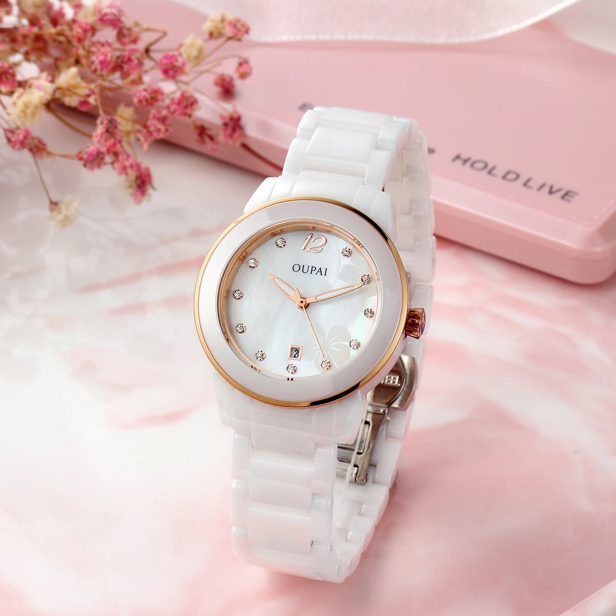 Часы OUPAI с круглым циферблатом, женские керамические шкала со стразами, изысканные, светящиеся водонепроницаемые, календарь, модные и элегантные.