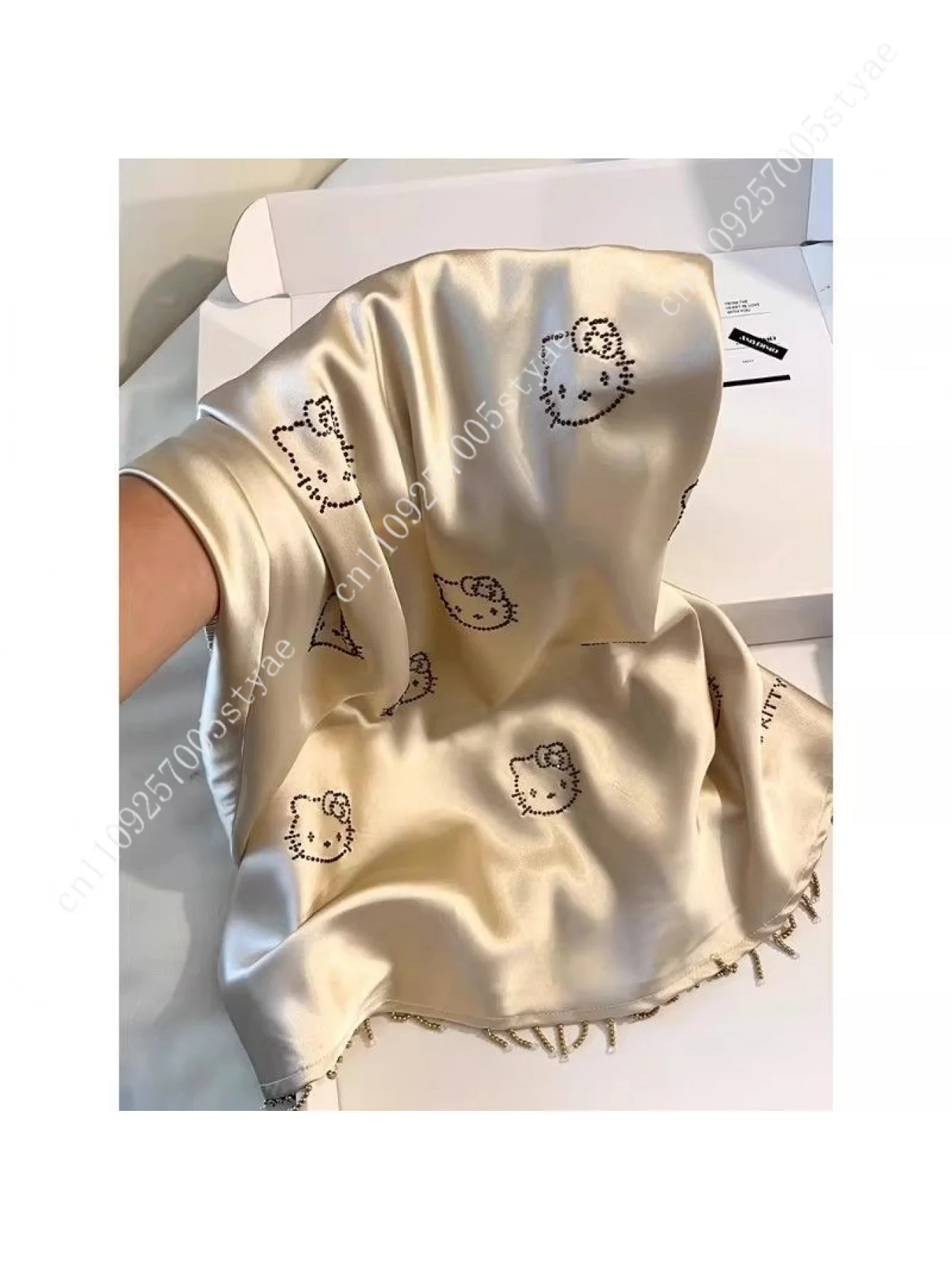 Hello Kitty Champagne Satin Slip Nightgown for Women Cute Print Fringed Hem Sexy Sleep Dress Soft Loungewear for Nightwear view 2