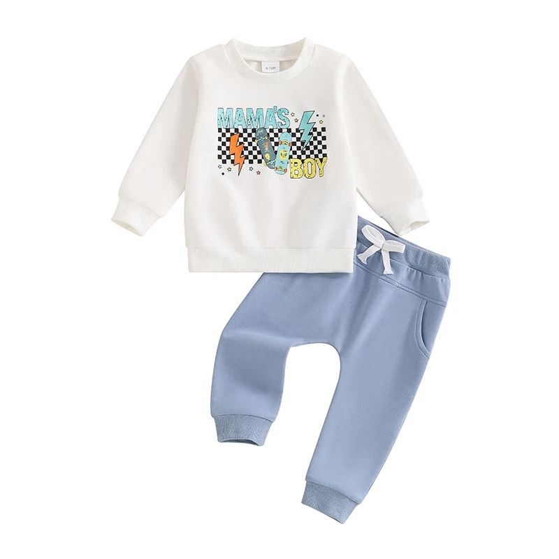 Boys Autumn 2PCS Outfit Sets Long Sleeve O Neck Letter Checkerboard Print Tops Drawstring Pants Sets