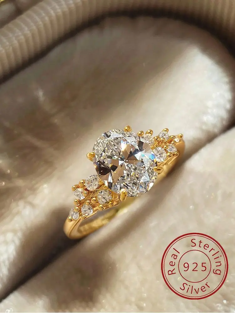 925 Sterling Silber Einfache Vier Klaue Elliptische Runde Zirkon Ring Für Frauen, Verlobung, Hochzeit Luxus Hohe Qualität Edlen Schmuck
