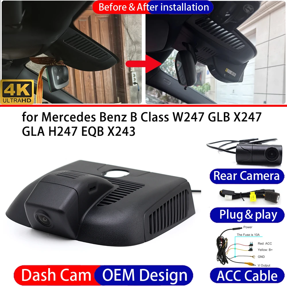 Dash Cam for Mercedes Benz B Class W247 GLB X247 GLA H247 EQB X243 Front＆Rear 4K 24h DVR Dashboard Camera Video Drive Recorder