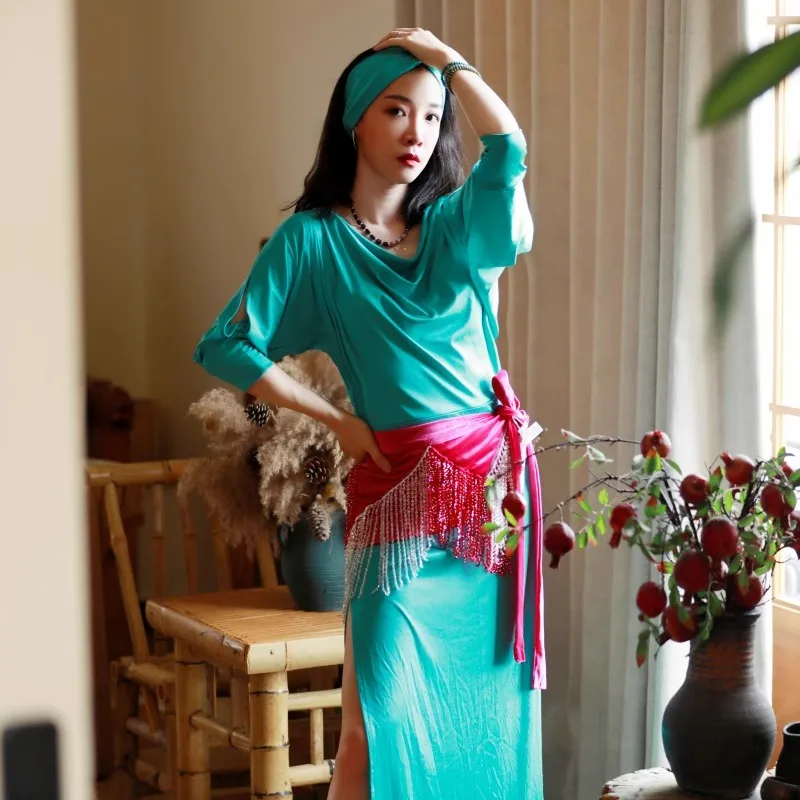 Maßgeschneiderter orientalischer Tanz, Folk-Farbanpassung, Robe, Haarband, Performance-Kleid, Übungskleid, Bauchtanz-Kostüme, kein Hüfttuch