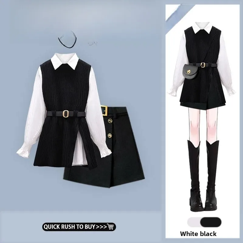 

2024 New Waist-Cinching Knitted Sweater Vest White Collar irt Bla Skirt Tee-Piece Set Faionable Women's Ens...