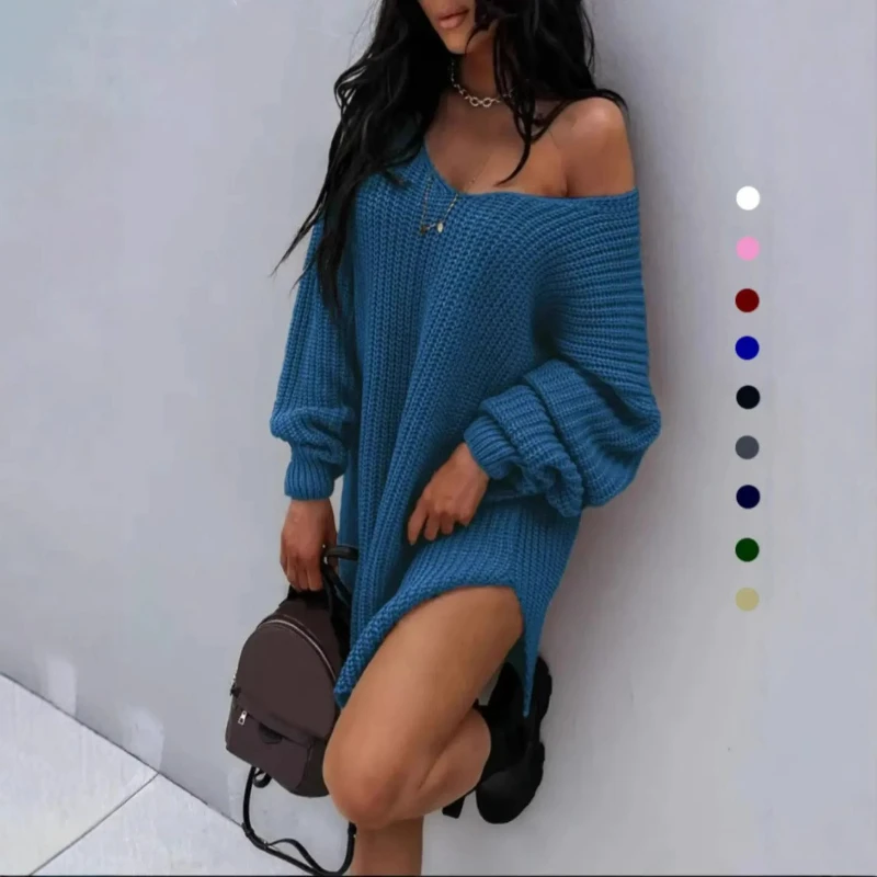 

Women Knit Sweaters Full Sleeve V Neck Loose Split Pullover Jumpers Casual Solid Sweater Splice Lady Simple Winter 2025