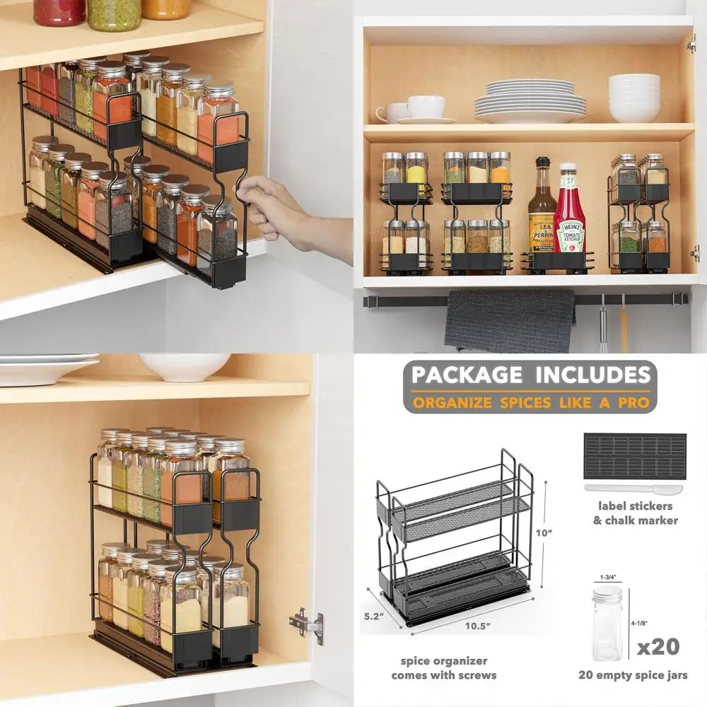 

Выдвижная полка для специй на 20 банок для шкафов, хранилище для кухонных приправ с этикетками, 5,2x10,75x10, 2 ящика, 2 уровня