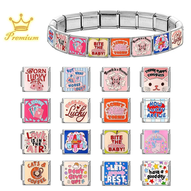 New Fashion How Lucky Arewe Have a good day Jewelry Italian Link Fit 9mm Stainless Steel Charm Beads Making DIY Bracelets Gifts