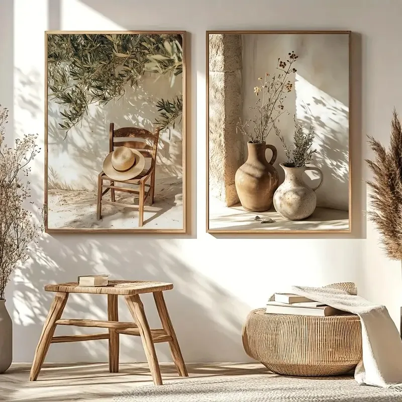 Vintage árbol de olivo silla de paja lienzo cartel florero paisaje mediterráneo pared arte cartel para sala de estar moderna decoración del hogar