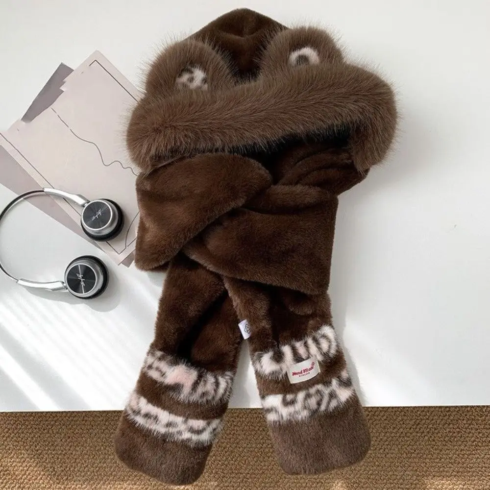 Fashion Ear Protection Bear Ears Hat Winter Bib Scarf Hat Gloves Set Cute Faux Rabbit Fur Hooded Scarf Winter/Autumn
