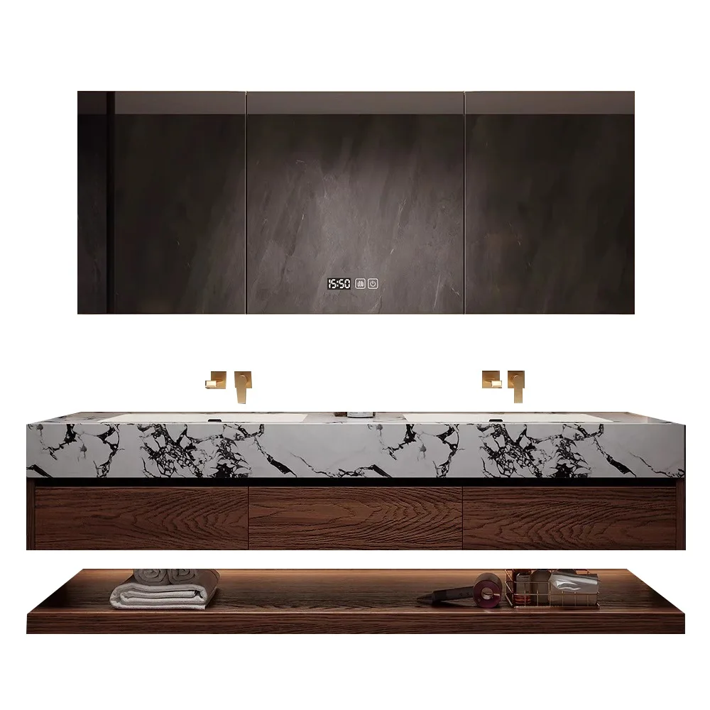 

Nordic rock slab ceramic seamless double basin washstand hand washbasin solid wood smart bathroom bathroom cabinet combination