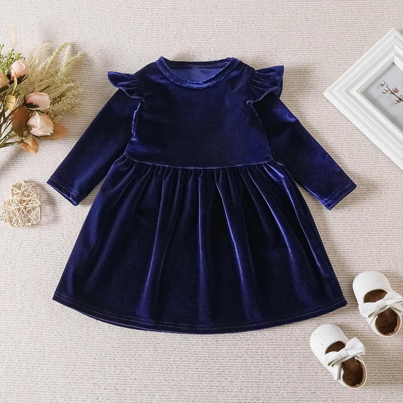 Autumn Solid Color Single-sided  Velvet  Dress for Baby Girls, Soft and Versatile Children\'s Wear, Suitable for Party