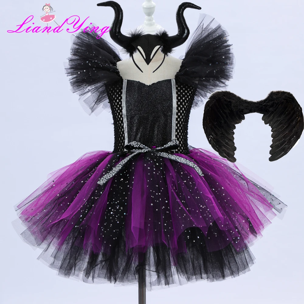 Girls Evil Dark Fairy Witch Tutu Dress with Horns and Wings Sparkly Kids Halloween Cosplay Party Costume Fancy Evil Devil Dress