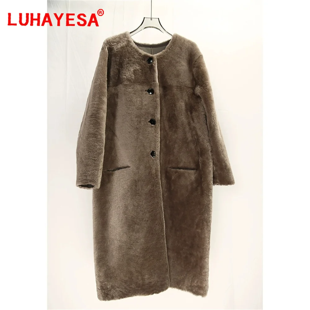 2024 Luhayesa Australia Merino Sheepskin Shearling Fur Clothing Women Winter Long Real Fur Coat