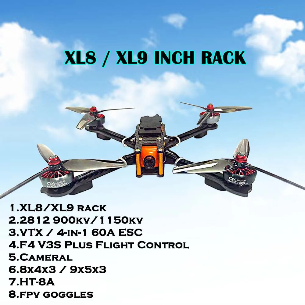 

XL8 / XL9 360MM 390MM Carbon Fiber Frame 4in1 60A ESC HT-8A 2812 Brushless Motor F4 V3S Plus For FPV 8"9" Long Range Drone