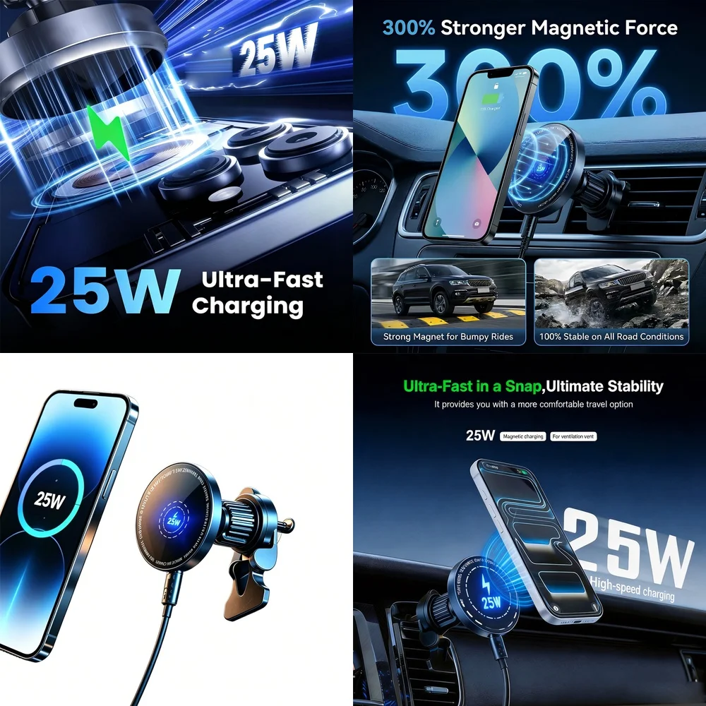 Super Fast 25W Magnetic Wireless Car Charger Air Vent Phone Holder for iPhone 17 16 15 14 13 12 Pro Max & Plus 360 Rotation