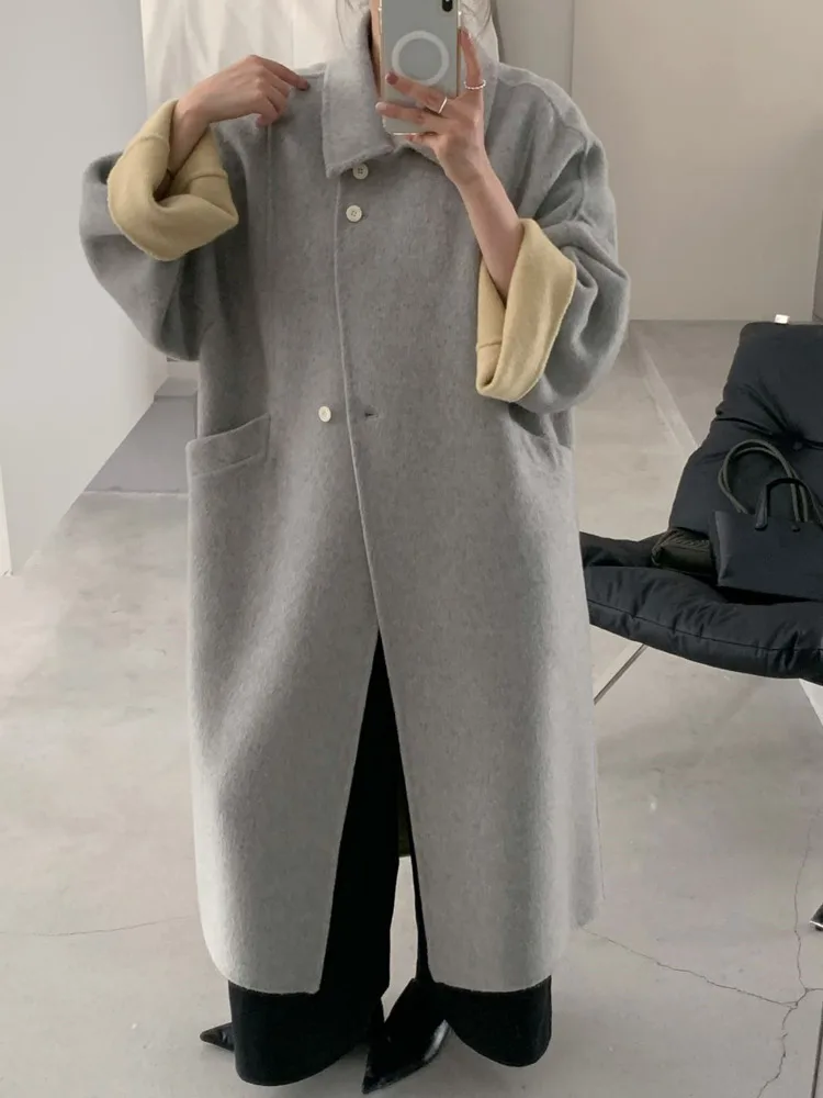 ZMEENNA レディース ロング ウール ブレンド コート リバーシブル コントラストカラー カフス ターンダウンカラー 暖かい冬用アウター ZM4414