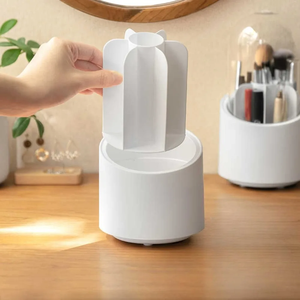 Caixa de armazenamento rotativa para pincéis de maquiagem, portátil, multifuncional, à prova de poeira, organizador de mesa, batom, sombra, suporte cosmético