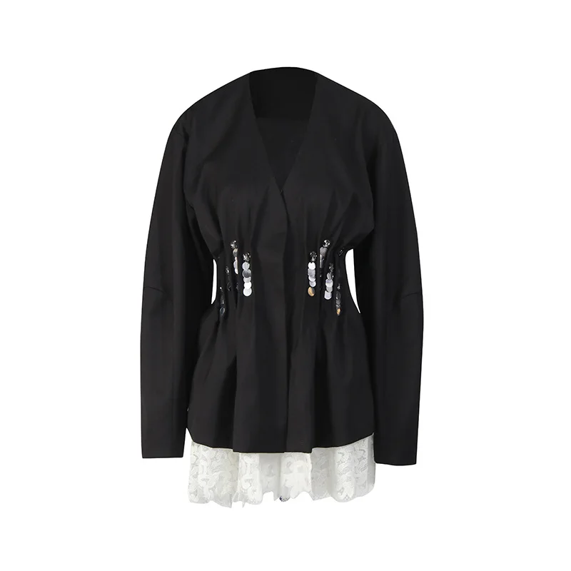 

New Black Long Sleeve Coat Fashion Lace Beading Patchwork Suit Coat