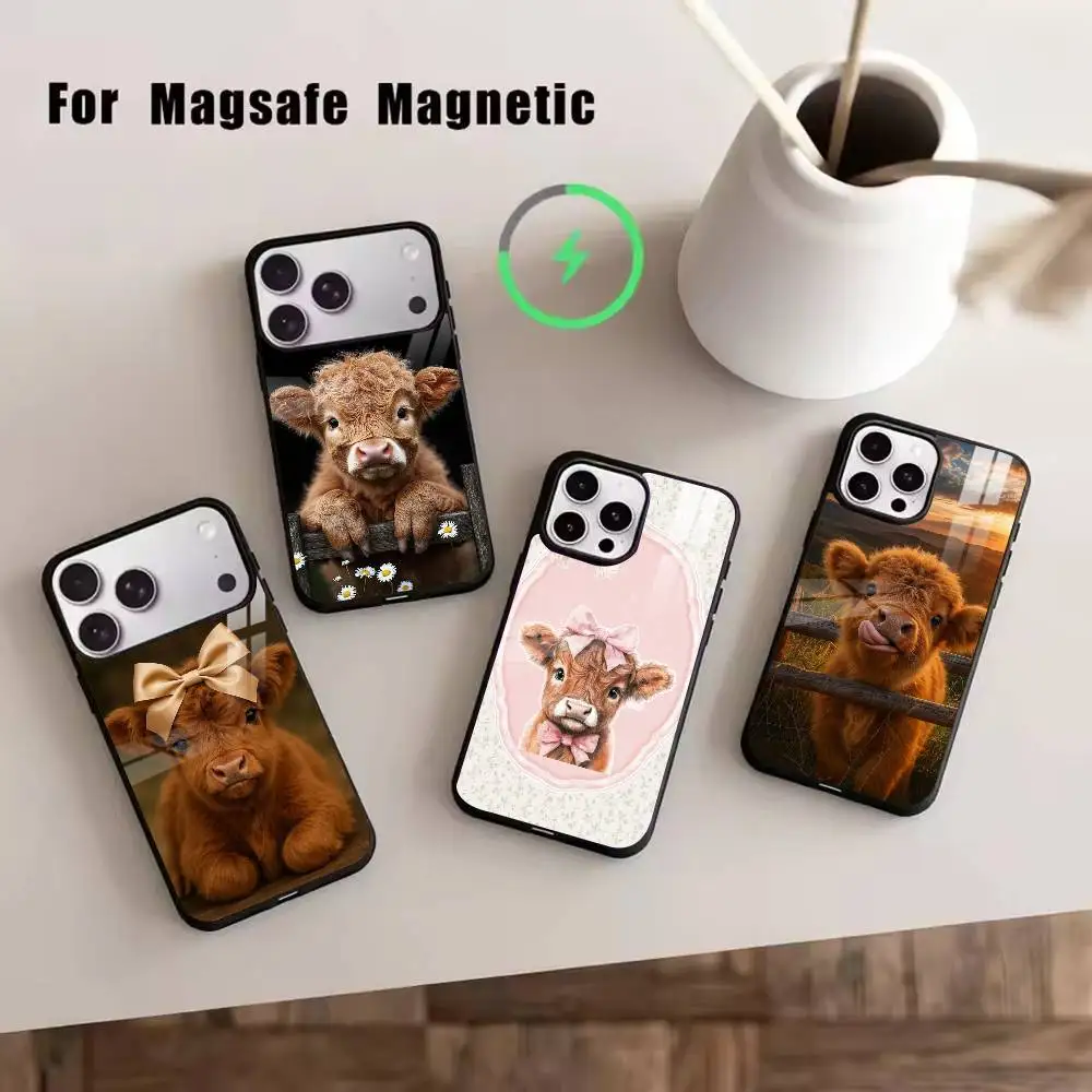 

Cute H-Highland Cow Phone Case For iPhone17,16,15,14,13,12,11 Plus,Pro Magnetic For Magsafe Wireless Charging