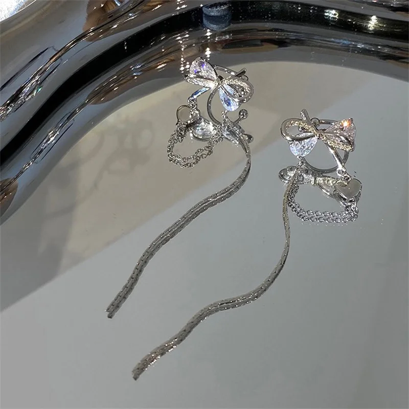 Bone Clip Earrings For Women Fashion Ear Hook Bowknot White Cubic Zircon Birthday Party Accessories Fine Jewelry