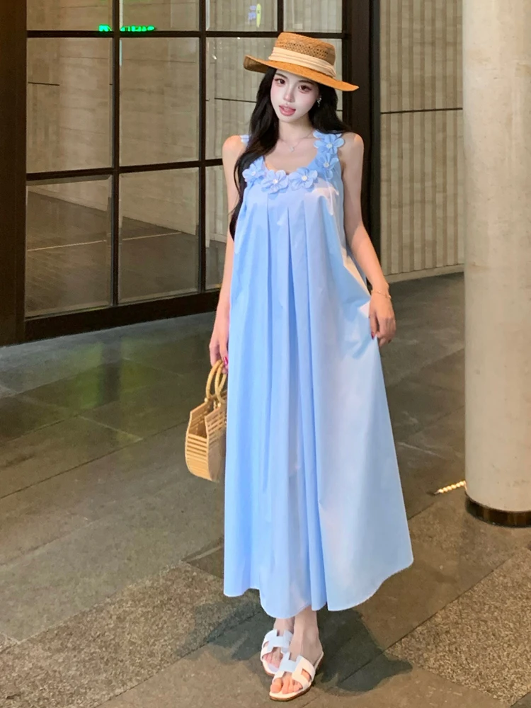

Vacation Style Off-Shoulder Sleeveless Dress Heavy Embroidery A-Line Loose Fit Slimming Long Skirt High Waist Sexy Gown