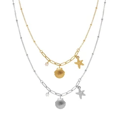 Exquisite Stainless Steel Shell Starfish Cubic Zirconia Stone Pendant Necklaces for Women Texture Charms Collar Jewelry Gift