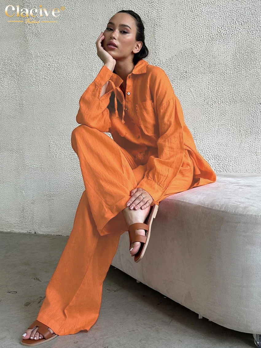 ชุดเซ็ทลำลองผ้าฝ้ายสีส้มทรงหลวมสำหรับผู้หญิง Clacive รุ่นปี 2025 เสื้อแขนยาวหรูหราพร้อมกางเกงขายาวเอวสูงทรงกว้าง