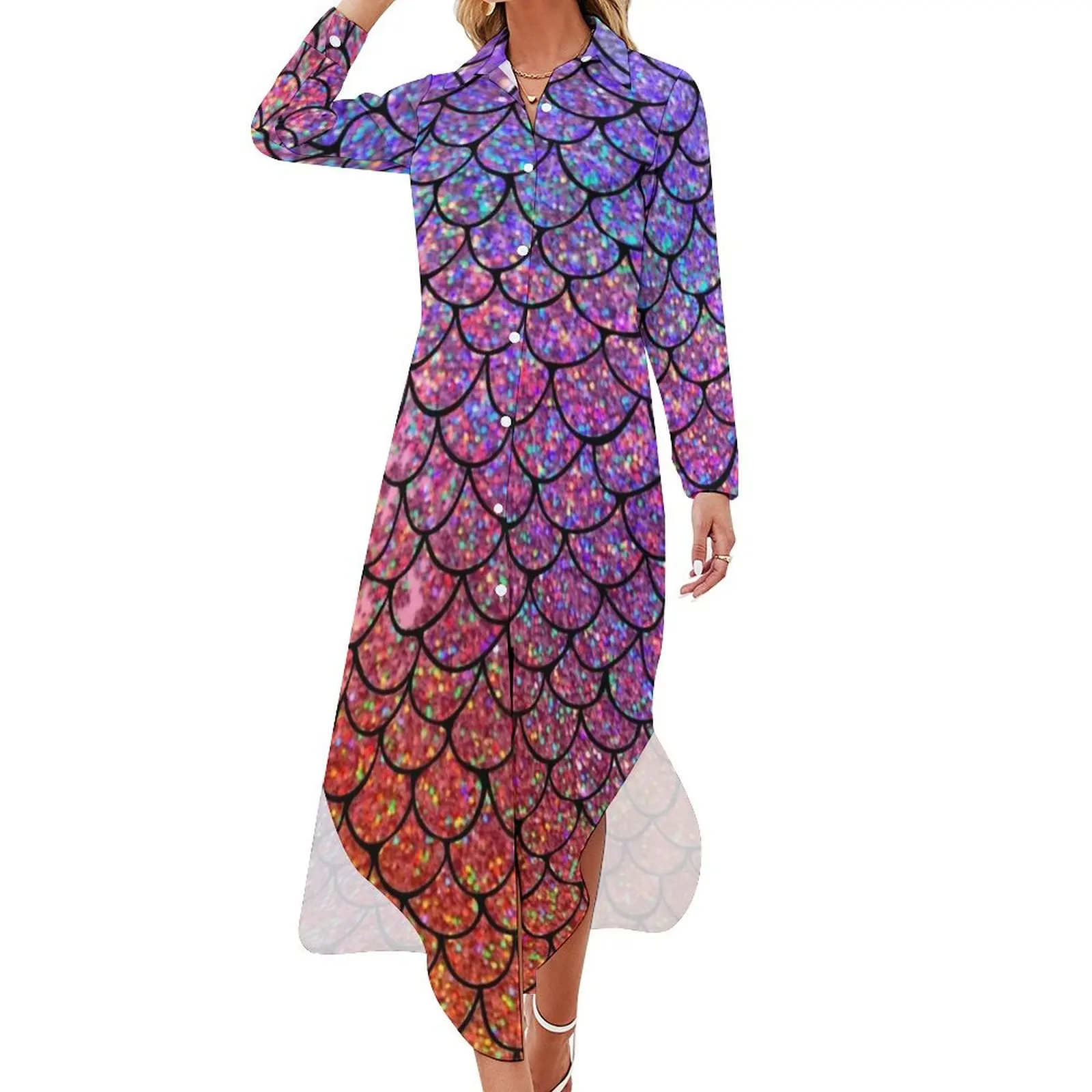 

Colorful Glitter Mermaid Scales Long Sleeved Shirt Dress luxury woman evening dress summer dress daily Party dresses for women