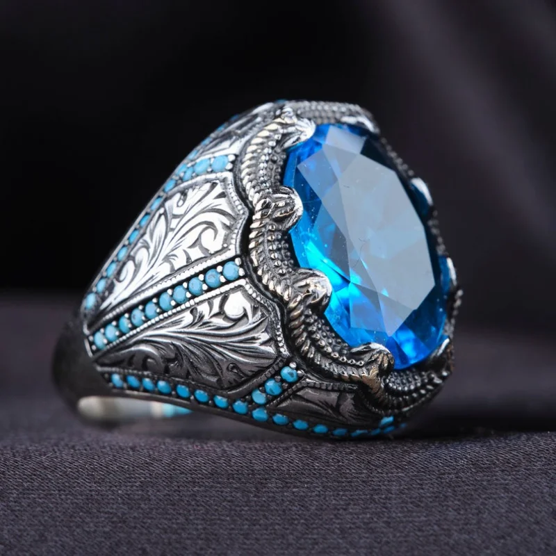 Vintage Metal Craftsman Engraved Pattern Ring Set with Blue Zircon Men's Business Ring