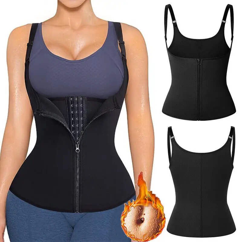 Top with Zipper Women's Waist Trainer Sauna Sweat Vest Corset Body Shaper Neoprene Shapewear Gym Workout Tank Top Black Slimming