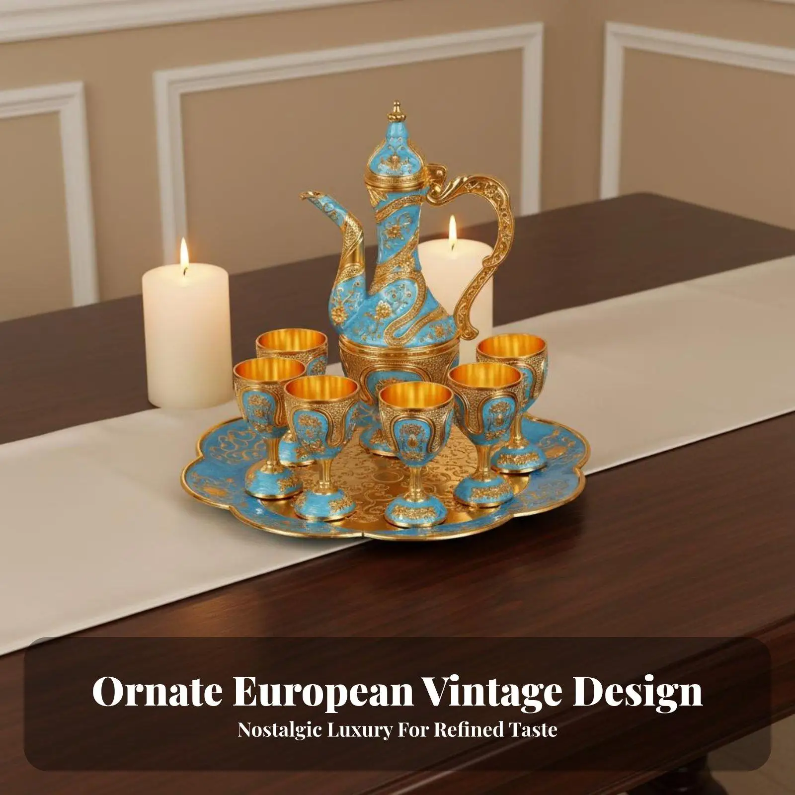 Ornate Metal Wine Set Including Decanter Flagon and Cups for Professional Cocktail Accessories