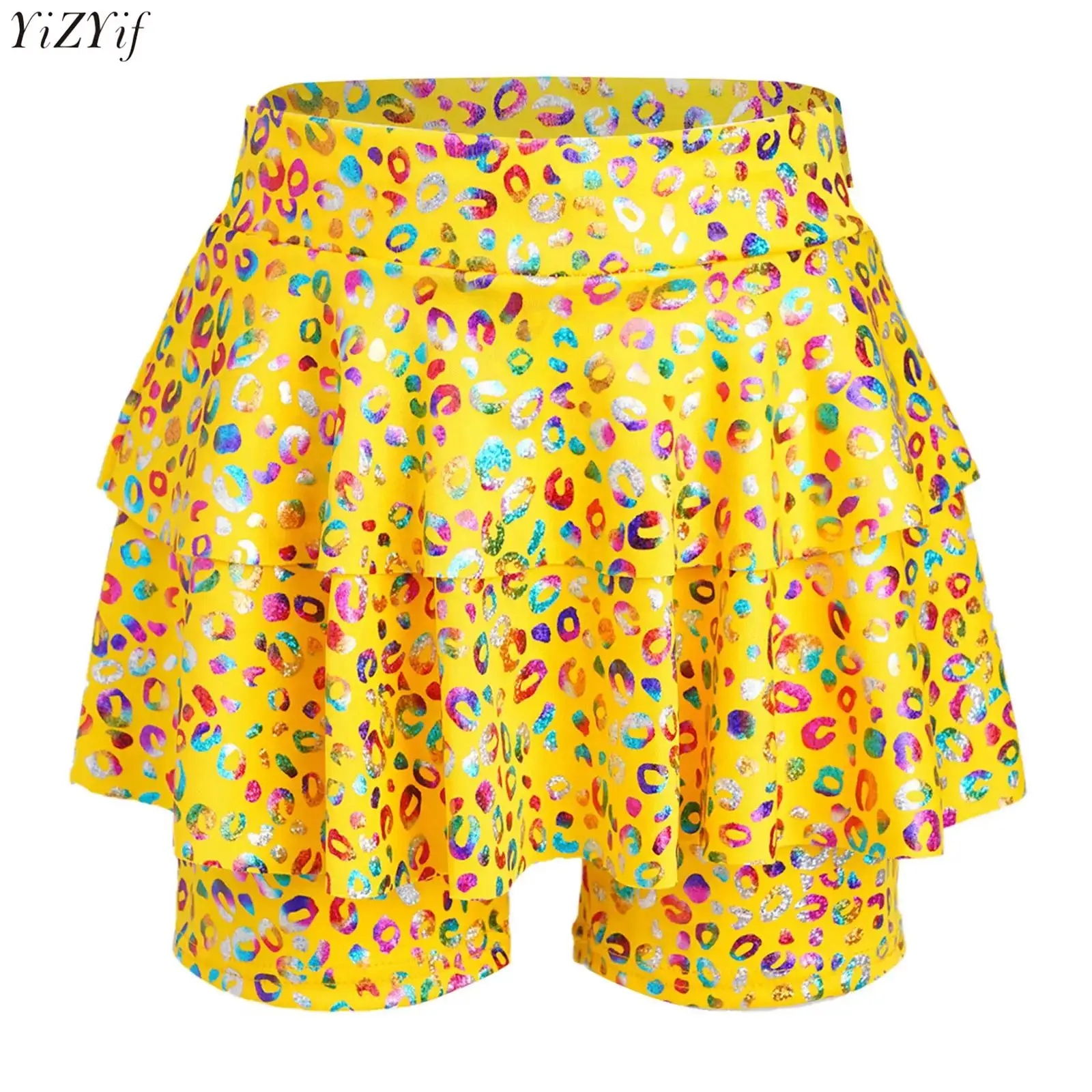 

Kids Girls Jazz Dance Skirted Shorts Culotte Leopard Print Shiny Metallic High Waist Layered Skirt for Cheerleading Performance