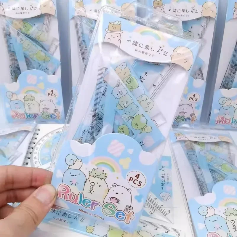 4 in 1 Set penggaris segitiga lurus plastik Kawaii busur derajat gambar alat tulis Korea hadiah anak-anak perlengkapan kantor sekolah