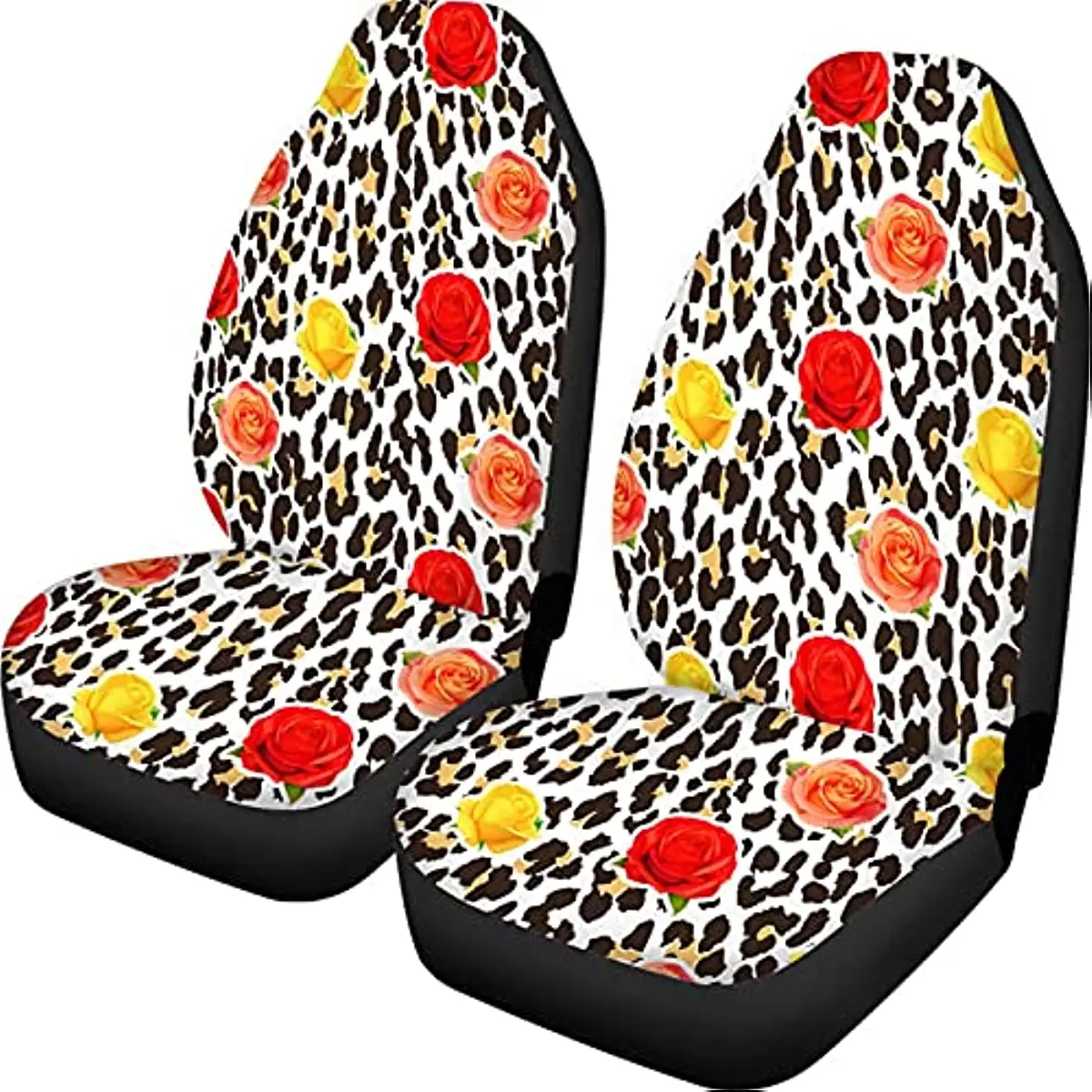 2 Piece Front Car Seat Covers, Leopard Rose Printed Fashion Ultra-Soft Bucket Seats Protector Universal Fit