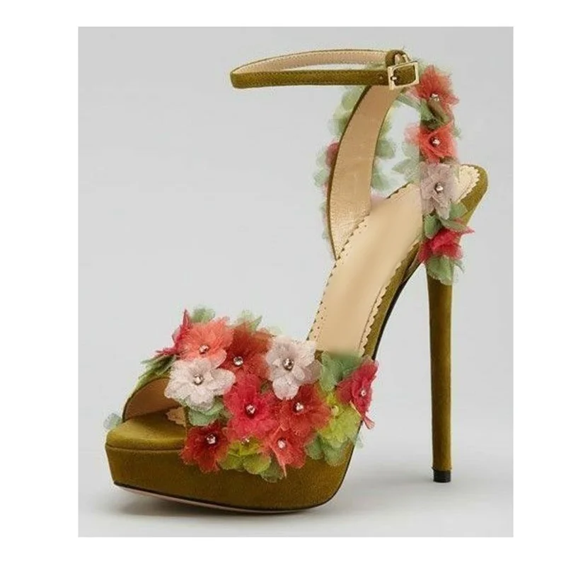 

Green Flower Peep Toe Buckle Sandals Thin High Heel Platform Fashionable Sexy Cool Western Summer Woman Shoes Zapatillas Mujer