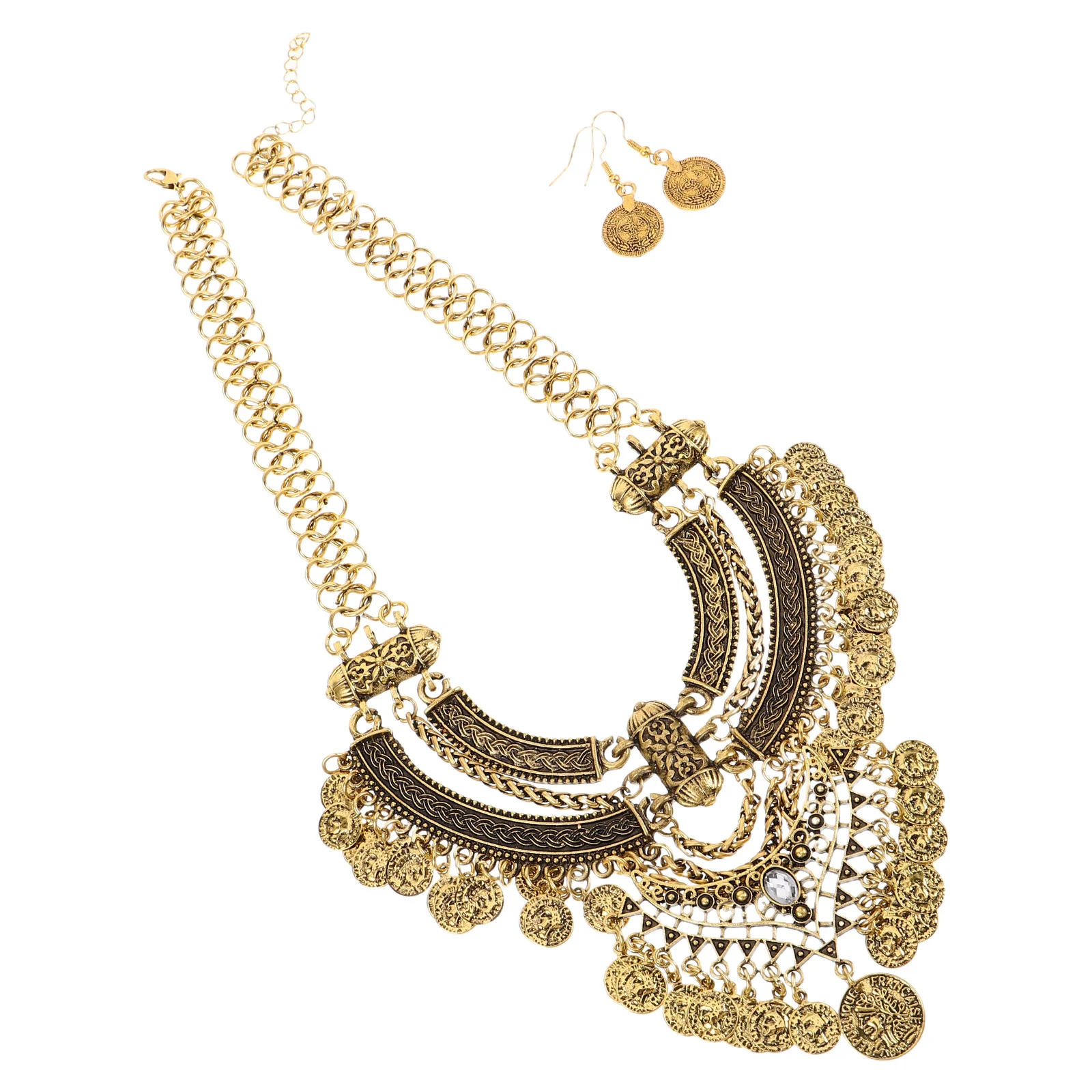 

1Set Bohemian Punk Necklace Set Ethnic Statement Bib Style Chunky Chain Collarbone Necklace Earrings Combo Everyday Fashion
