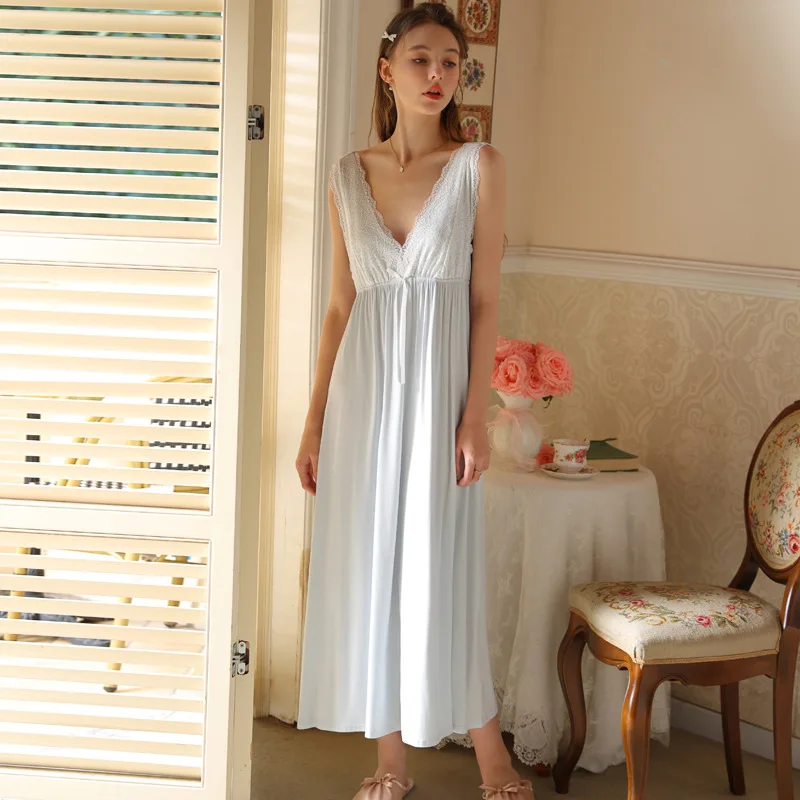 Women Sexy V-Neck Soft Viscose Long Nightdress Summer Sleeveless Ankle-Length Nightgowns Princess Lace Modal Cotton Nightie New