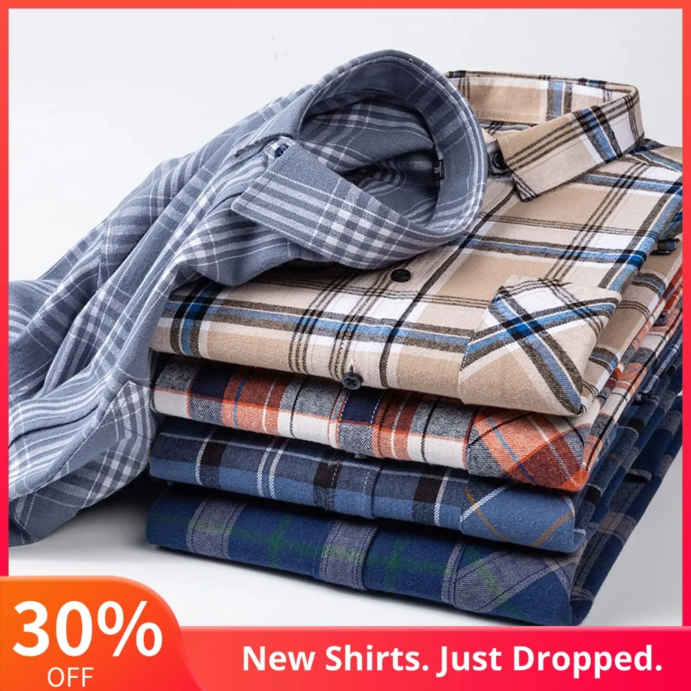 

Men's Long Sleeve Slim Gingham-Plaid Flannel Shirt with Pocket, Autumn Winter Casual Fashion Soft Pure Cotton Button-up Shirts