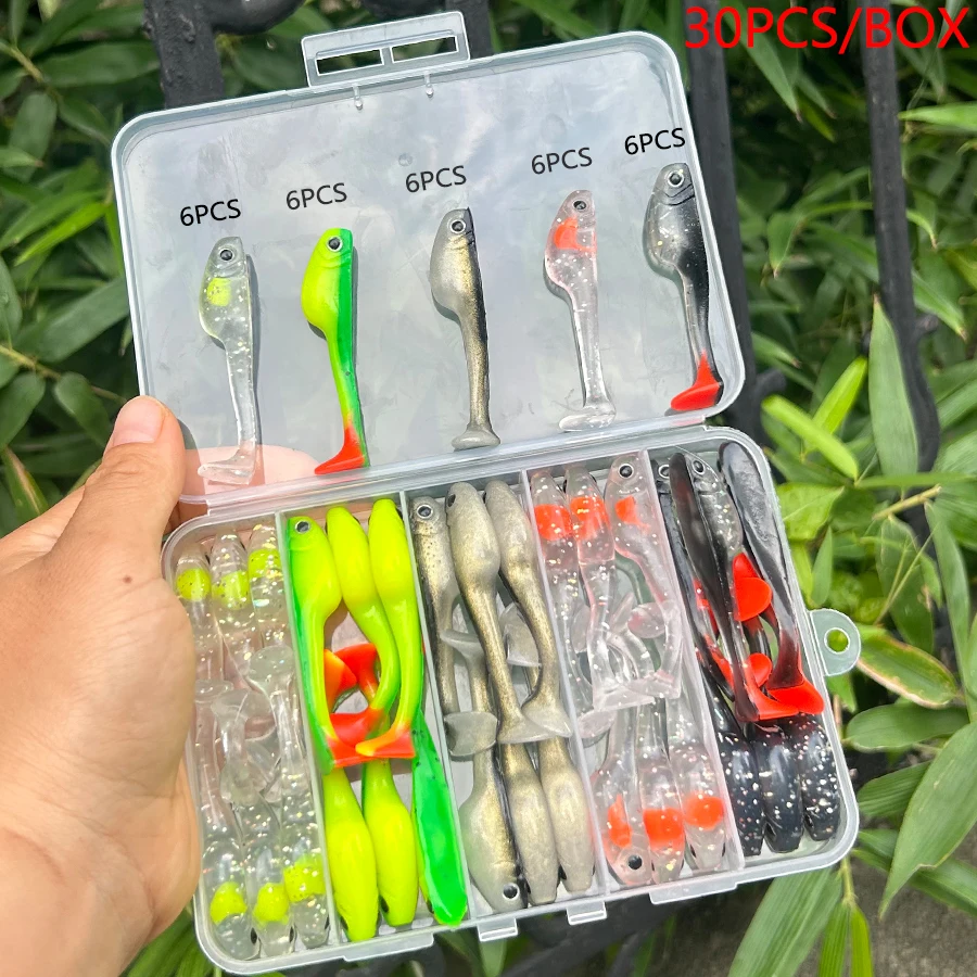 30 unids/caja Drop Shot Easy Shiner Señuelos de Pesca Set Swimbait Wobblers para PikeTail Jig Head Kit de cebo Artificial gusanos blandos carpa