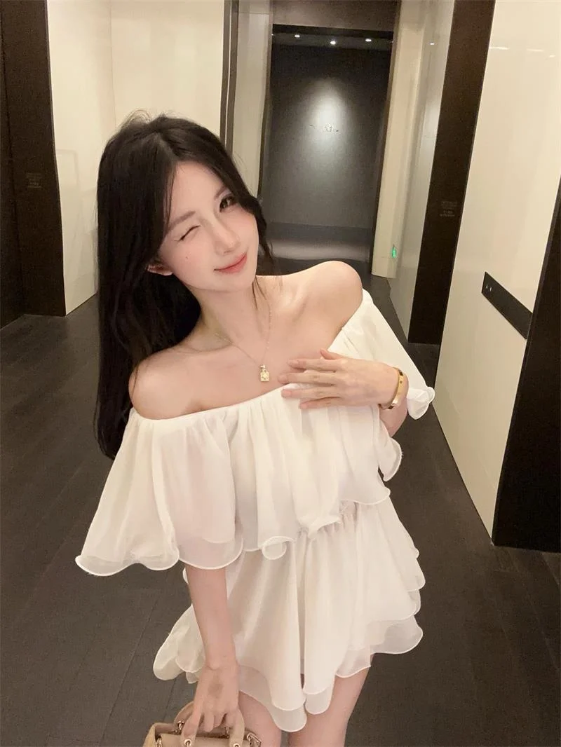 

Unique Beautiful One Shoulder Tulip Chiffon Shirt Women's Summer Slim Fit Shirt Ultra Fairy Style Lace Top for Ladies