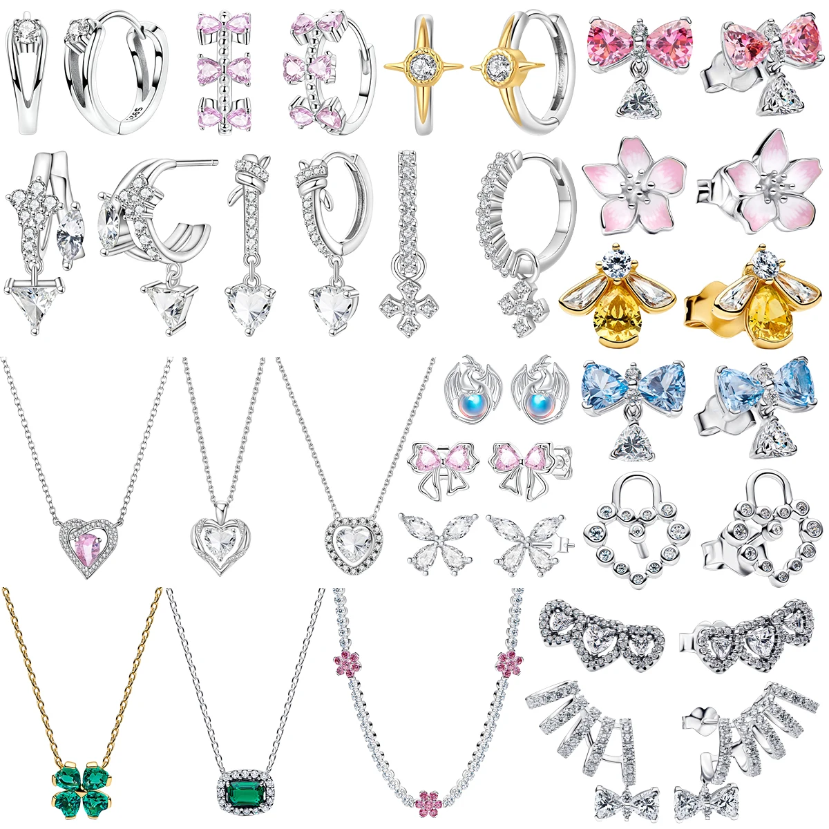 Nuevo Collar con Colgante de Plata de Ley 925 con Incrustaciones Románticas de Lazo, Flor de Cerezo, Abeja, Corazón y Trébol, Joyería Fina para Regalo