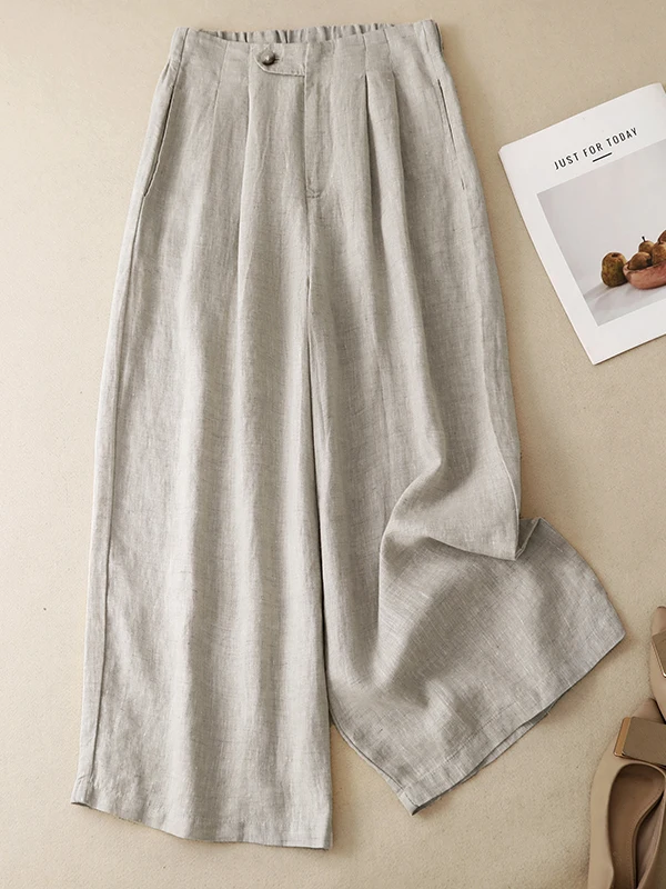 Artistic Cotton Linen Wide Leg Pants Women Summer Thin High Waist Button Design Hanging Smooth Slim Straight Casual Pants