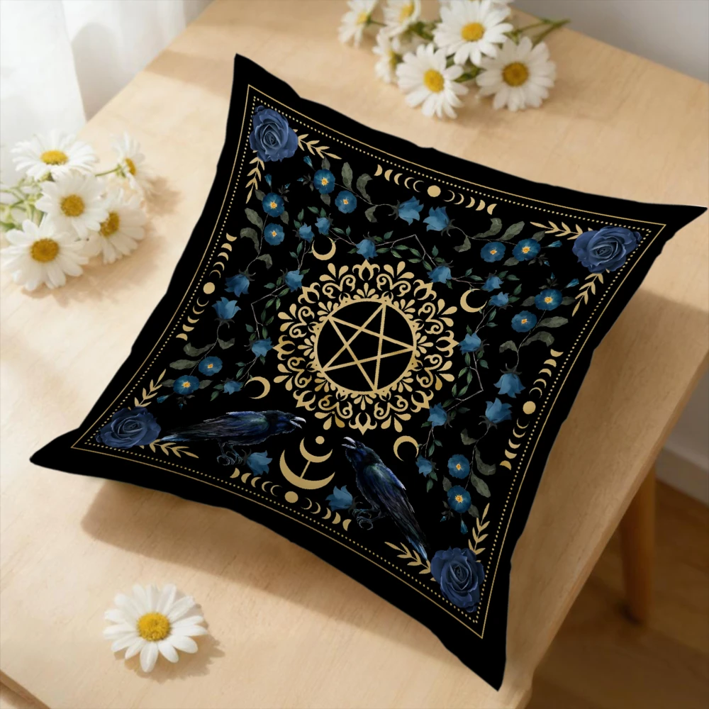 1Pc Gothic Black Pentagram Moon Raven Floral Print Soft Fabric Cushion Cover Decorative for Sofa Bed Living Room