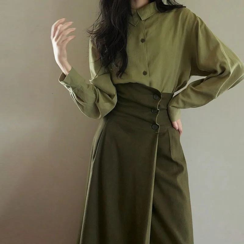 

Elegant Women's 2-piece Skirt Set Green Long-sleeved Shirt Blouse High-waist Pleated Skirt Office Lady Trendy Commuting Clothing