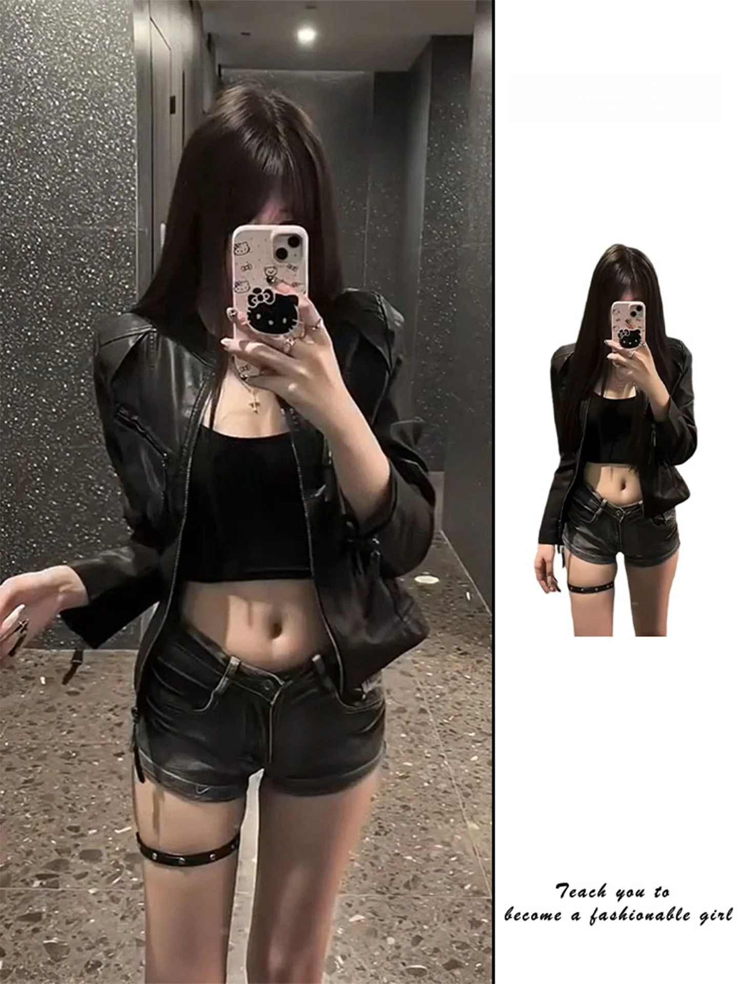 American Style Hot Girl Black PU Leather Jacket Women's Cool Cruising Motorcycle Short Coat Autumn New Style Slim Fit Top