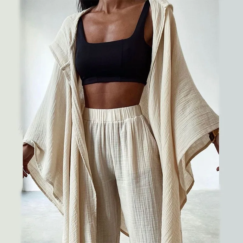 2024 Spring New Cotton and Hemp Women's Casual Long Sleeve Asymmetric Cardigan & Pant Set Female Fashion Trousers Outfits Home