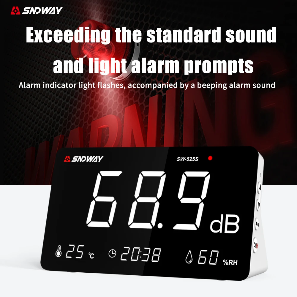 SNDWAY Digital Decibel Meter Noise Temperature Humidity Clock Real-time Indoor Environment Monitoring Sound Level Detector