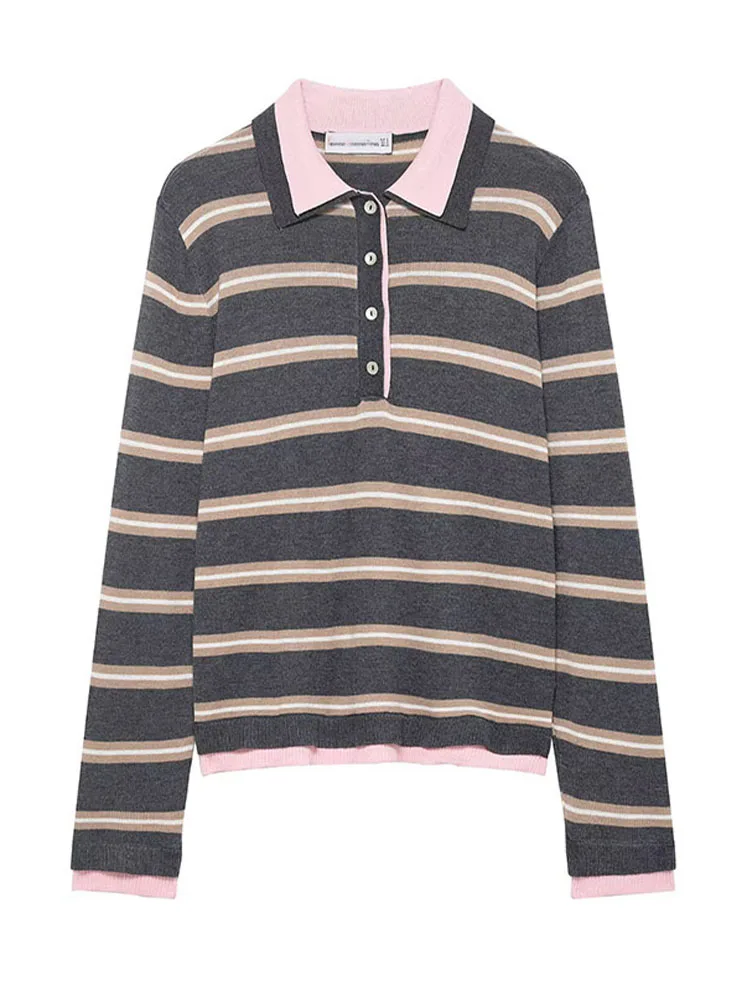 

Женская модная универсальная вязаная рубашка-поло в стиле пэчворк с полосками, повседневный пуловер с длинным рукавом для женщин, коллекция 2026 года