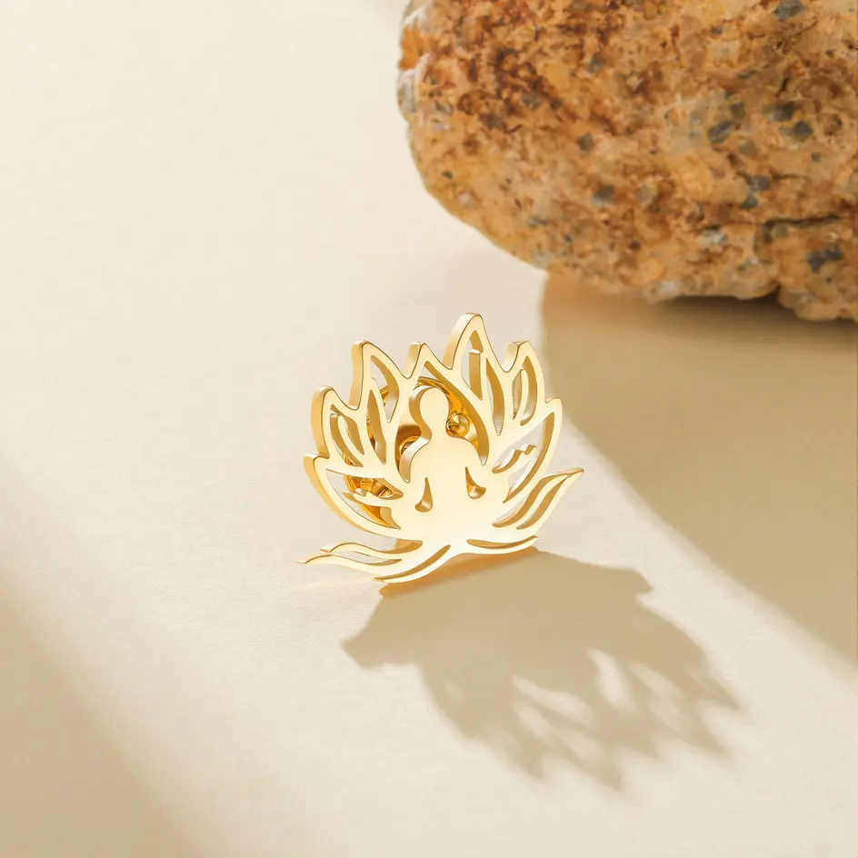 Stainless Steel Hollow Brooch Lotus Yoga Butterfly Rose Lily Flower Pin Waterproof Dainty Lapel Badge Jewelry Gift for Women