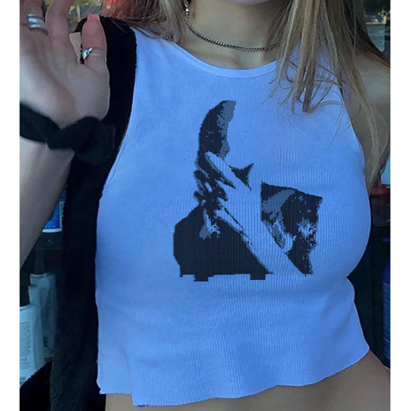 Summer Women Sexy Sleeveless White Crop Tops Y2k Goth Portrait Graphic Print Vest Fashion TankTop 2000s Spicy Girl Aesthetic Top