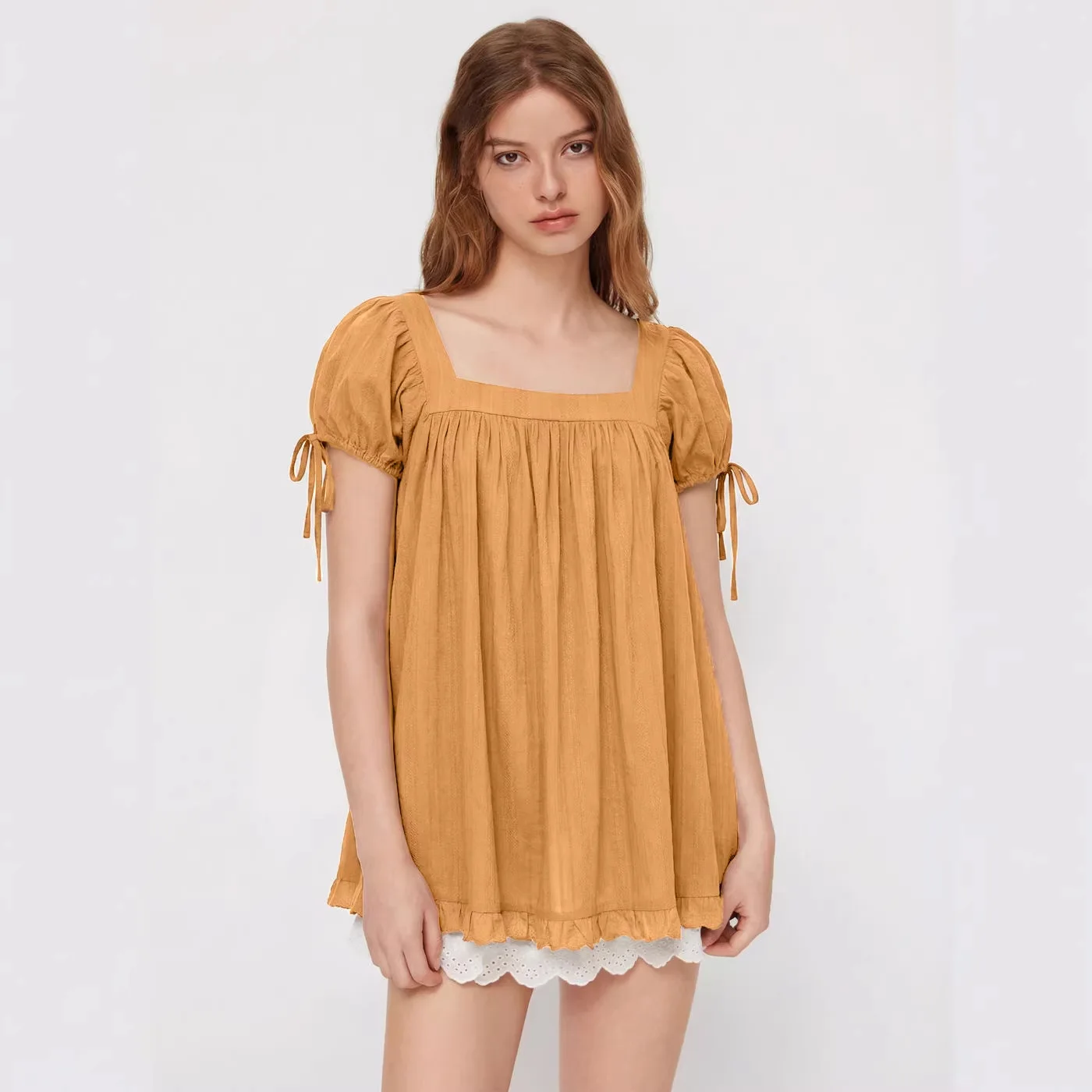 Square Neck Puff Sleeve Blouse with Drawstring Cuffs Loose Babydoll Style Top for Casual Summer Wear